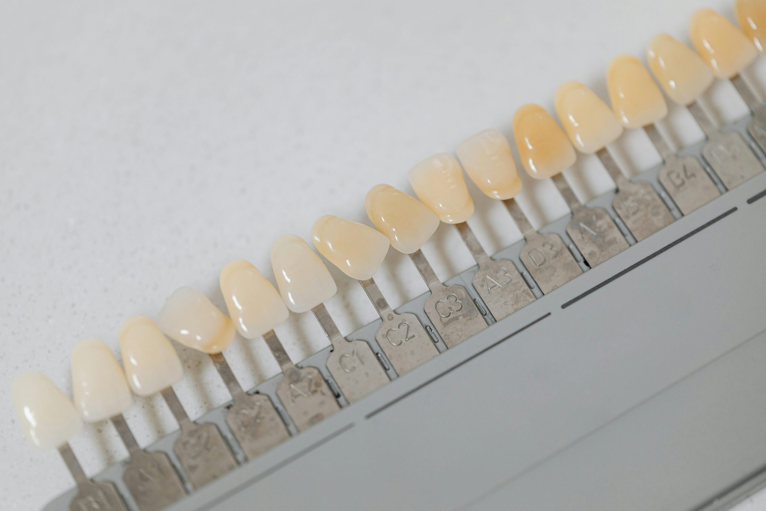 Close-up of a dental shade guide used for tooth color matching in dentistry.